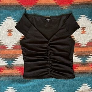 Black Ruched Top. XS. Off the shoulder / cap sleeve.